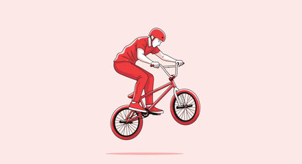 Fototapeta premium Dynamic BMX Rider Performing Aerial Stunt In Vibrant Red Attire