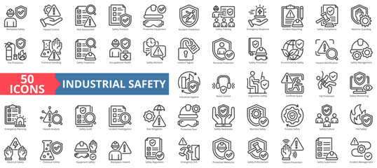industrial safety icon pack outline illustration contains emergency drill, machine guarding, lockout tagout, occupational health, noise control, risk mitigation, incident management, hazard analysis © Uniconlabs