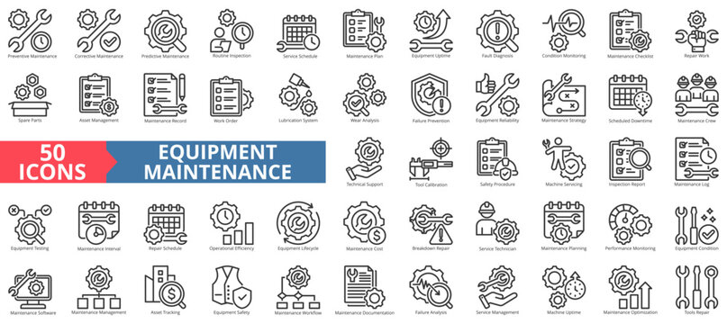 equipment maintenance icon pack outline illustration contains fault diagnosis, crew, preventive, corrective, predictive, spare parts, work order, wear analysis, system, inspection, service and repair
