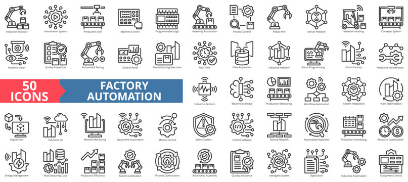 factory automation icon pack outline illustration contains production line, control panel, programmable logic, material handling, predictive maintenance, industrial iot, digitalization, and robotics