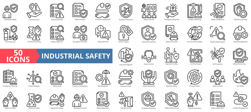 industrial safety icon pack outline illustration contains emergency drill, machine guarding, lockout tagout, occupational health, noise control, risk mitigation, incident management, hazard analysis