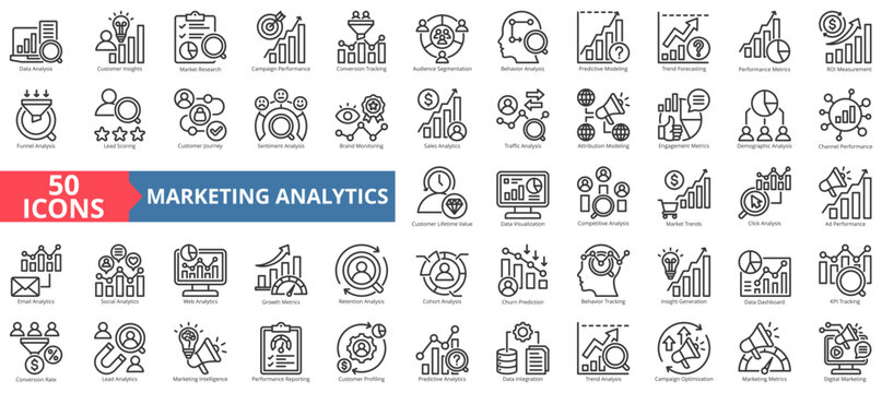 marketing analytics  icon pack outline illustration contains churn prediction, click, cohort, sentiment, analysis, dashboard, customer, journey, profiling, lead scoring, web traffic