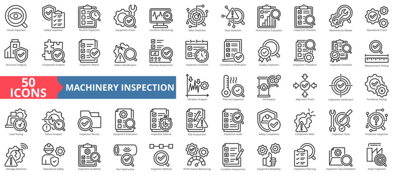 machinery inspection icon pack outline illustration contains component wear, alignment check, non-destructive, structural integrity, wear detection, routine, load testing, schedule, and maintenance