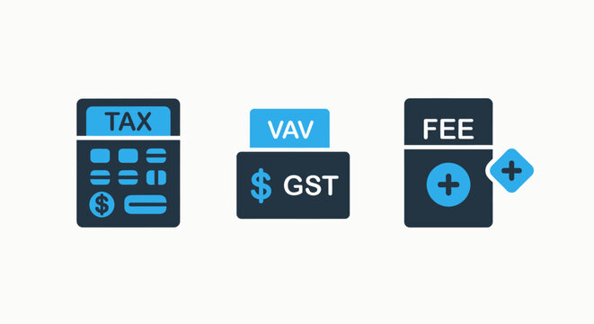 Financial icons for tax calculation, value added tax (vat) / goods and services tax (gst), and fee management