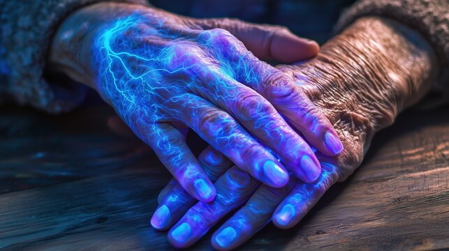 Peripheral Neuropathy Awareness Week:elderly hands resting on a wooden table,with soft bioluminescent blue and purple nerve pathways glowing beneath translucent skin, symbolizing peripheral neuropathy
