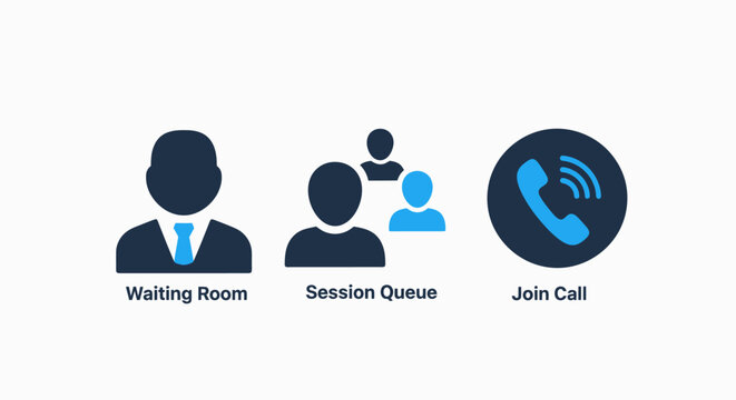 Communication and meeting icons for waiting rooms, session queues, and joining a call