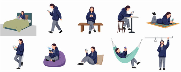 Fototapeta premium Minimalist Flat Illustration of Woman Using Smartphone in Different Situations Lifestyle