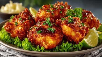 Fototapeta premium Crispy Golden Brown Fried Fritters Served on a Bed of Fresh Green Lettuce Slices with Lime Wedges and Garnished with Fresh Green Herbs