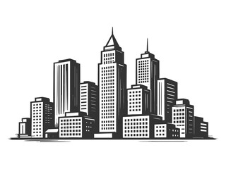 Fototapeta premium modern downtown skyline with tall skyscrapers, office towers, and a dense urban business district sketch engraving generative ai raster illustration. Scratch board imitation. Black and white image.