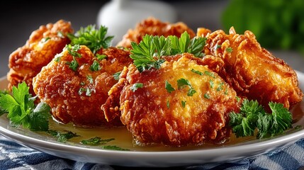 Fototapeta premium Crispy Golden Fried Patties Garnished with Fresh Green Cilantro on a White Plate Surrounded by a Soft Focus Kitchen Background