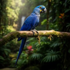 Obraz premium Hyacinth Macaw Perched in Lush Rainforest - A Vibrant Portrait.