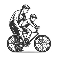 Obraz premium father helping his son learn to ride bicycle, symbolizing parenting, guidance, childhood learning, and support sketch engraving generative ai raster illustration. Scratch board. Black and white image.