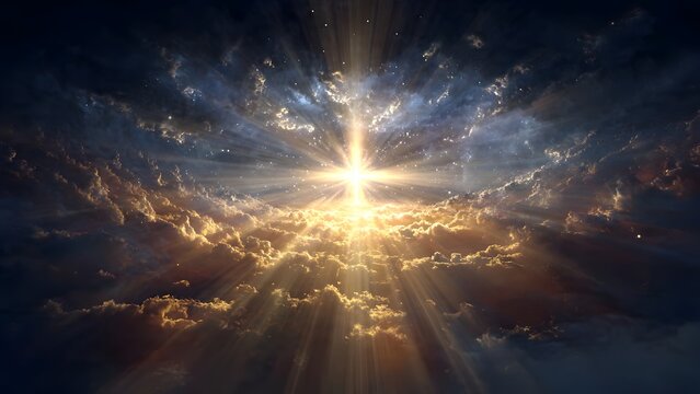 Divine Cross Illuminated by Celestial Sky with Dramatic Light Rays and Cloudscape in a Heavenly Scene