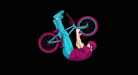 Naklejka premium Dynamic Bmx Rider Performs Aerial Bicycle Trick Against Black Background