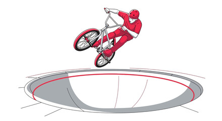 Naklejka premium Dynamic BMX Rider Soaring Above Skatepark Bowl With Red Accents