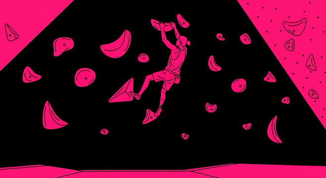 Dynamic Bouldering Athlete Ascending Abstract Pink Climbing Wall