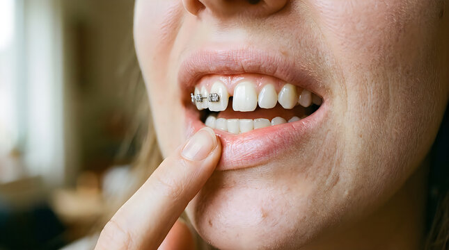 Close-up of a young woman's mouth with braces, showing misaligned teeth and a gap