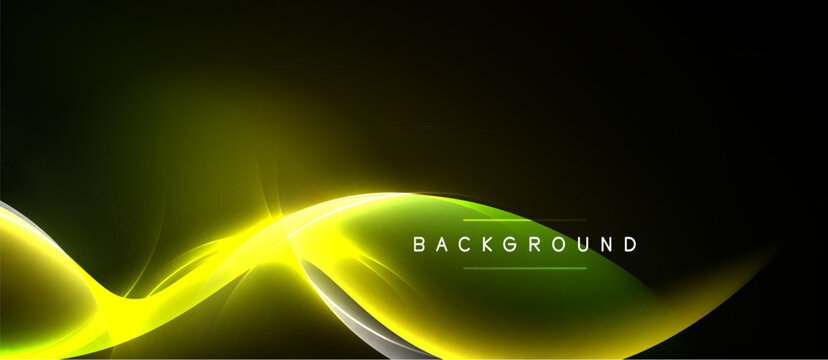 Abstract design features vibrant yellow curves over dark background. Green highlight adds contrast, text reads background. Modern, dynamic visual.
