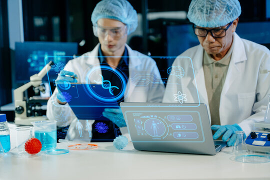 Medical team using AI and digital tools in laboratory research, analyzing data, DNA, and diagnostics to advance healthcare innovation