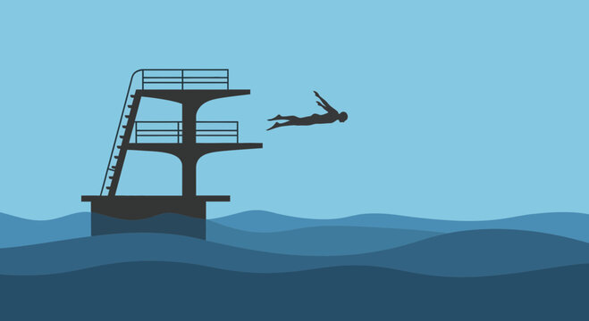 Dynamic Diver Plunging Into Serene Blue Waters From High Dive Tower