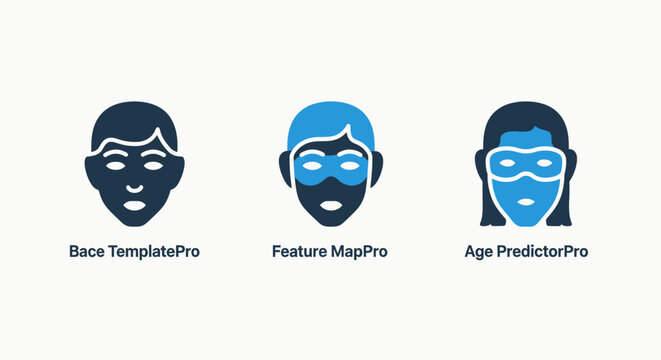 Facial recognition and biometric analysis icons showing face mapping and age prediction technology concept