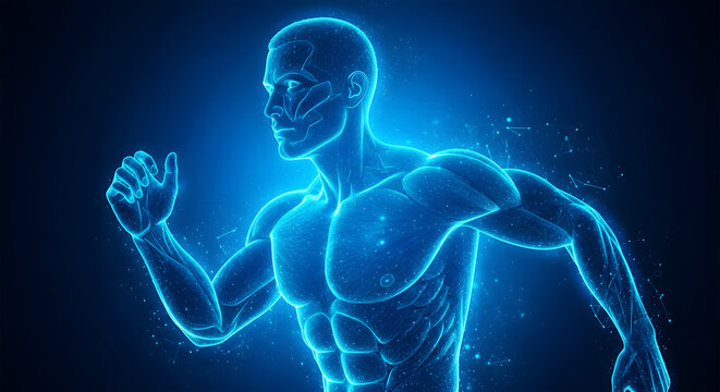 Glowing blue human anatomy wireframe running in dark digital space body energy