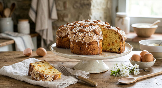 Traditional Italian Easter colomba cake with almonds and sugar topping on rustic kitchen table