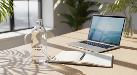 Fototapeta premium Glass bottle of cortisol water on desk with laptop and notebook. Concept of stress management, hormonal balance and healthy lifestyle in workspace. Hydration for wellness and mindfulness.