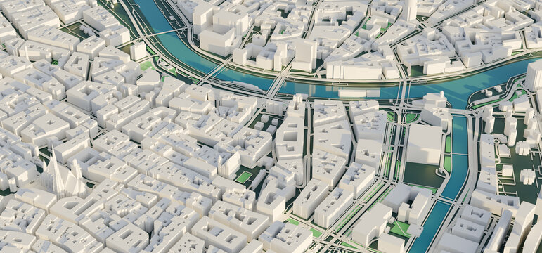 3D rendering map of Vienna cityscape. 3D illustration of an aerial view of Vienna, Austria.