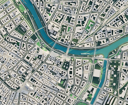 3D rendering map of Vienna cityscape. 3D illustration of a top view of Vienna, Austria.