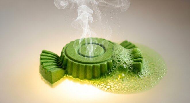 Green candy melting with steam generating visual concept abstract design
