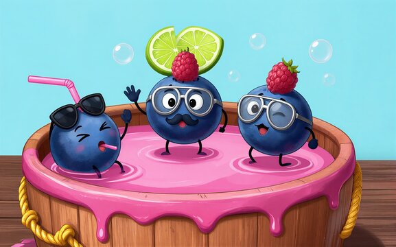 Three cartoon blueberries in a pink drink bath with fruit toppings.