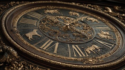 Obraz premium Ornate vintage clock face with Roman numerals and zodiac animal symbols in intricate gold and black design.