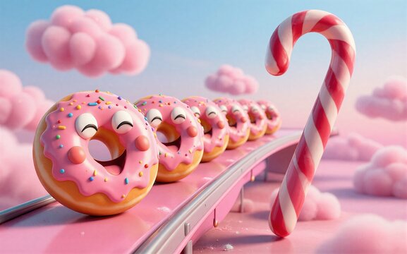 Pink donuts with faces ride a track through candyland clouds.