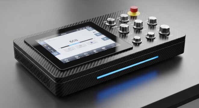 Modern electronic control panel with touchscreen interface and various buttons