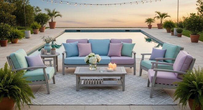 Outdoor patio furniture arrangement with pool in background sunset ambiance