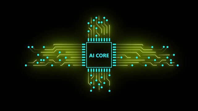 Futuristic artificial intelligence microchip with glowing neon circuit connections on a dark background. Represents AI technology, data processing, machine learning, digital networks, and advanced com