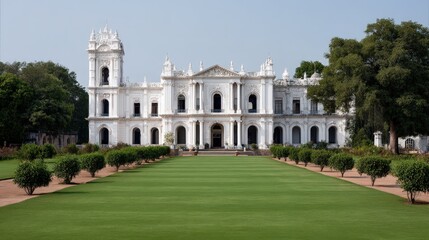 Obraz premium Beautiful landmark sits among green grass and a clear blue sky, showcasing rich history and architecture for visitors to admire