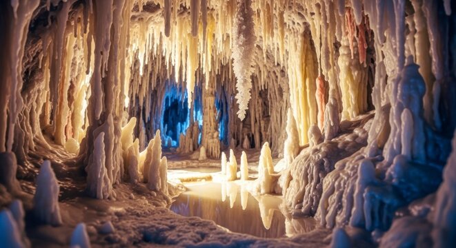 Stunning cave interior illuminated stalactites and stalagmites composition