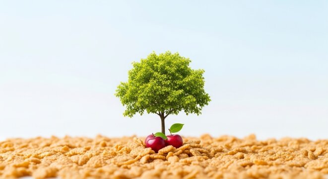 Tiny tree growing on top of red cherries and brown pieces against blue sky