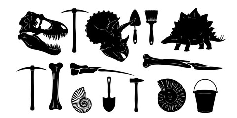 A collection of dinosaur fossils and excavation tools on a white background © Dhani