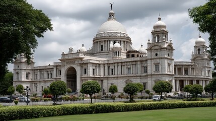 Naklejka premium Front view of a large white building with a dome, set in a green landscape on a sunny day, showcasing architectural details