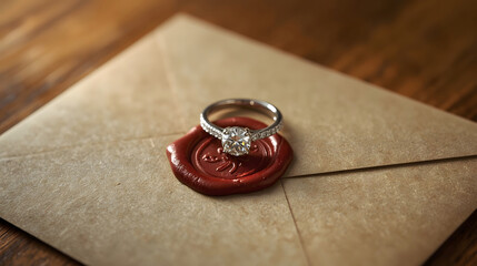 Diamond ring on a red wax envelope seal. Romantic proposal.
