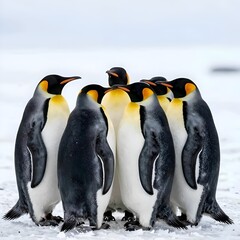 Obraz premium Group of king penguins huddling together on snow for World Penguin Day concept