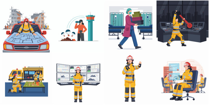 Cartoon Style Detailed Illustration Set of Female Firefighter Characters in Various Workplace Activities