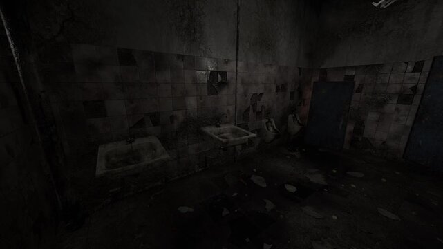 The setting features a run down restroom with cracked tiles and broken fixtures. Shadows dominate the area, creating an eerie ambiance typical of neglected spaces.
