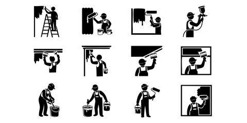 Obraz premium Workers are painting and repairing a building exterior with various tools and equipment