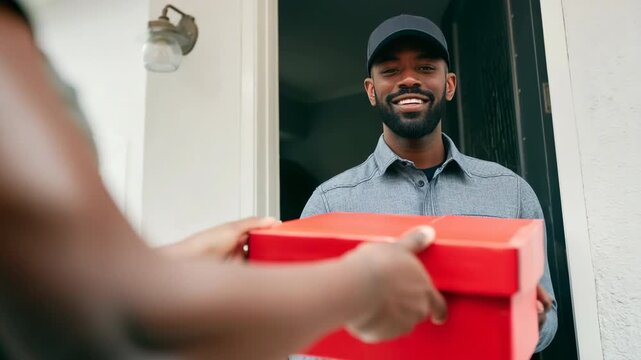 Male african adult delivery worker smiling while receiving red box from customer at front door courier exchange closeup