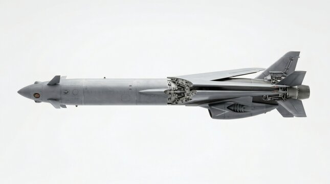 Advanced Military Cruise Missile Isolated on White Background, Long Range Guided Weapon with Exposed Mechanical Structure and Aerodynamic Control Fins
