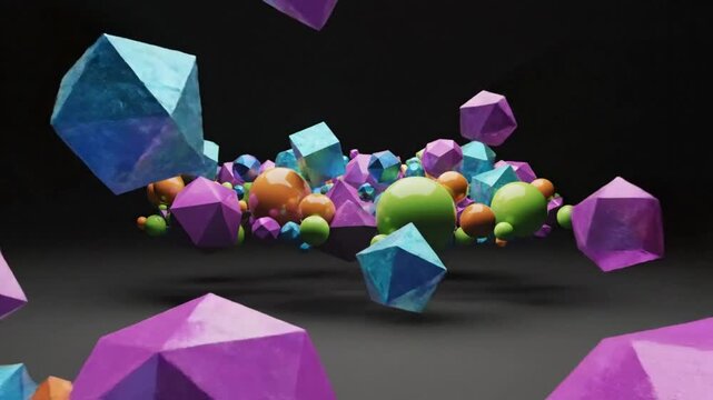 Abstract 3D rendering of floating iridescent geometric shapes including spheres, cubes, and polyhedrons